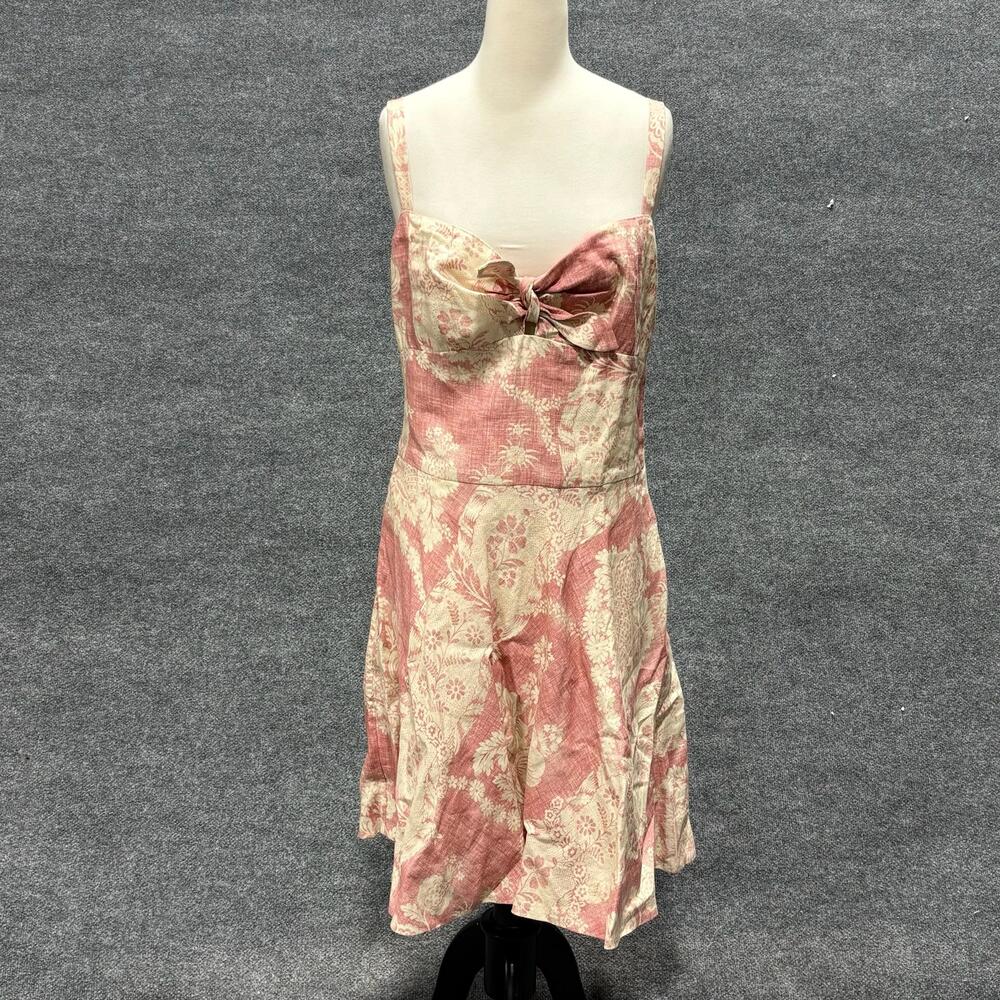 Ralph Lauren Dress Womens 14 Pink Floral Linen Sweetheart Bow Fit Flare Sundress